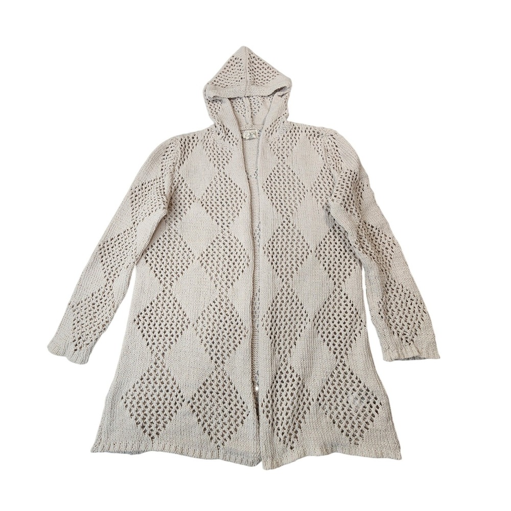 Nicole Miller Artelier Diamond Crochet Hooded Cardigan M Natural Boho Open Front